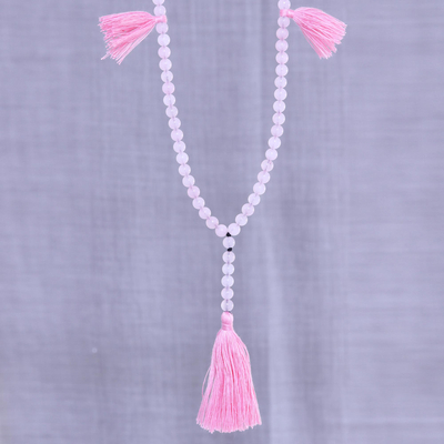 Rose quartz long Y-necklace, 'Flirty Tassels' - Rose Quartz Long Y-Necklace with 5 Tassels
