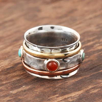 Onyx spinner ring, 'Glowing Energy' - Red Onyx and Reconstituted Turquoise Spinner Ring from India