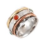 Onyx spinner ring, 'Glowing Energy' - Red Onyx and Reconstituted Turquoise Spinner Ring from India