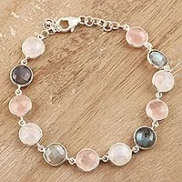 Multi-gemstone link bracelet, 'Soft Round Glitter' - 24-Carat Multi-Gemstone Link Bracelet in Pink from India