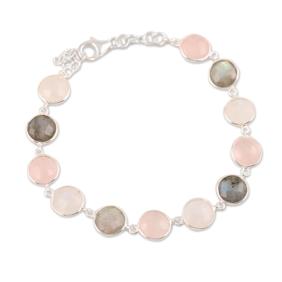 Multi-gemstone link bracelet, 'Soft Round Glitter' - 24-Carat Multi-Gemstone Link Bracelet in Pink from India