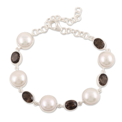 Cultured Pearl and Smoky Quartz Link Bracelet from India