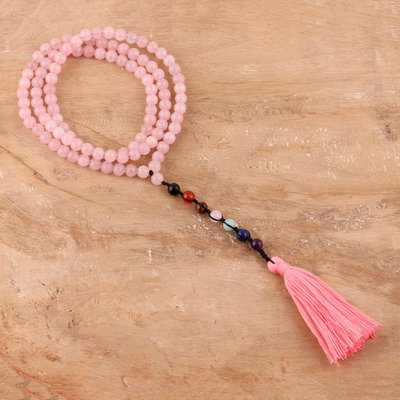 Lange Y-Perlenkette mit mehreren Edelsteinen, 'Chakra Serenity - Lange Chakra-Halskette mit Rosenquarz