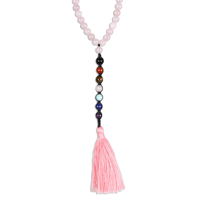 Multi-gemstone long beaded Y-necklace, 'Chakra Serenity' - Long Chakra Necklace with Rose Quartz