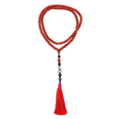 Multi-gemstone long beaded Y-necklace, 'Chakra Warmth' - Long Beaded Carnelian Chakra Necklace from India