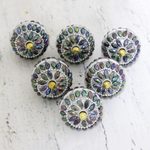 Embellished wood knobs, 'Rainbow Charm' (set of 6) - Iridescent Beaded Wood Drawer Knobs (Set of 6)
