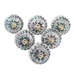 Embellished wood knobs, 'Rainbow Charm' (set of 6) - Iridescent Beaded Wood Drawer Knobs (Set of 6)