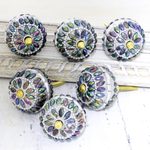Embellished wood knobs, 'Rainbow Charm' (set of 6) - Iridescent Beaded Wood Drawer Knobs (Set of 6)