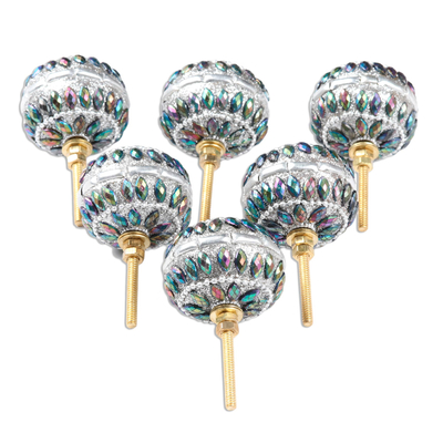 Embellished wood knobs, 'Rainbow Charm' (set of 6) - Iridescent Beaded Wood Drawer Knobs (Set of 6)