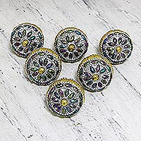 Embellished wood knobs, 'Floral Rainbow' - Glitzy Iridescent Beaded Drawer Pulls (Set of 6)