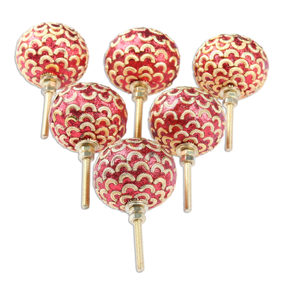 Mango wood knobs, 'Golden Arcs' (set of 6) - Set of 6 Red Bead and Brass Plated Mango Wood Knobs