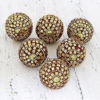 Wood and glass bead knobs, 'Mirror, Mirror' (set of 6) - Red and Gold Glass and Mirror Embellished Wood Knobs (6)
