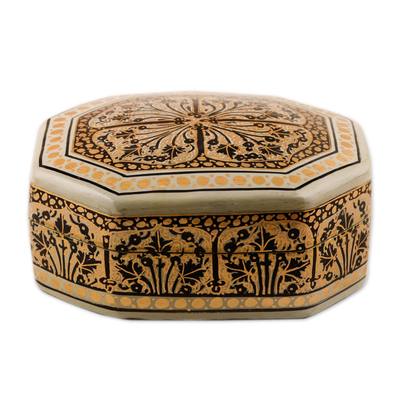 Papier mache decorative box, 'Srinagar Legacy' - Black and Gold Hand Painted Decorative Wood Box