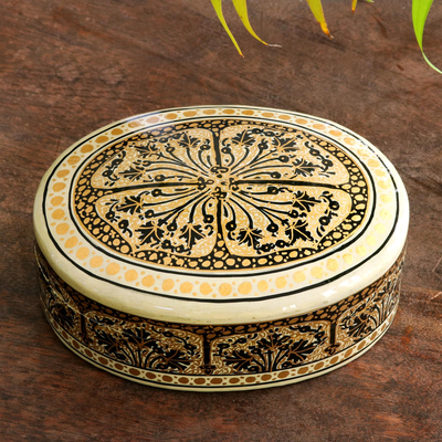 Papier mache decorative box, 'Srinagar Grandeur' - Oval Wood and Papier Mache Decorative Box