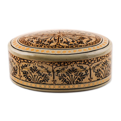Papier mache decorative box, 'Srinagar Grandeur' - Oval Wood and Papier Mache Decorative Box
