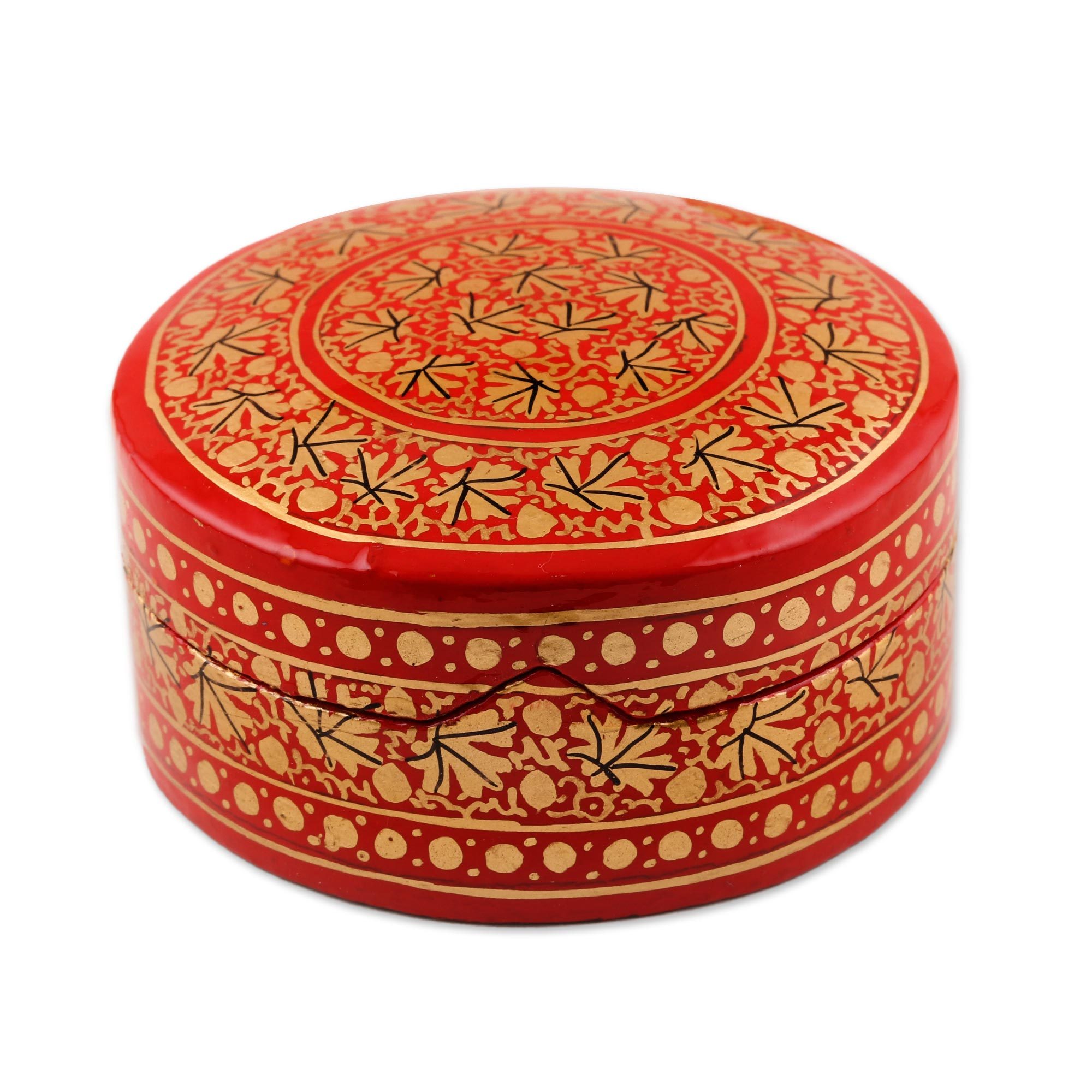 Small Round Papier Mache Box from India Kashmir Cinnabar NOVICA