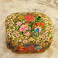 Papier mache decorative box, 'Kashmir Garland' - Velvet-Lined Floral Decorative Box
