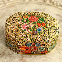 Papier mache decorative box, 'Kashmir Flowers' - Artisan Crafted Wood and Papier Mache Decorative Box