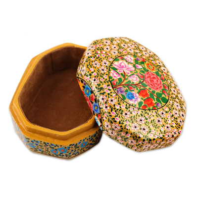 Papier mache decorative box, 'Kashmir Flowers' - Artisan Crafted Wood and Papier Mache Decorative Box