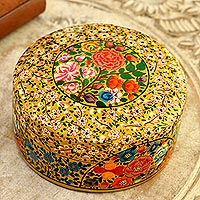 Papier mache decorative box, 'Kashmir Blooms' - Floral Decorative Papier Mache Box from India