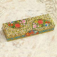 Papier mache decorative box, 'Kashmir Posies' - Rectangular Decorative Floral Trinket Box