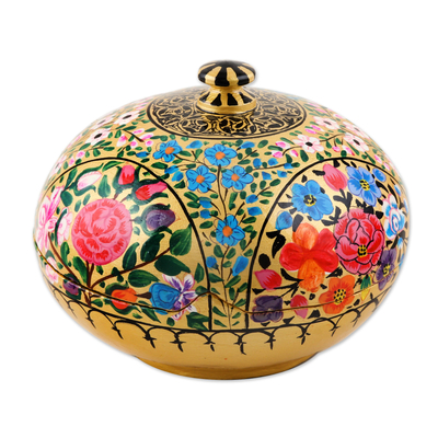 Papier mache decorative box, 'Kashmir Cache' - Round Lidded Floral Decorative Box