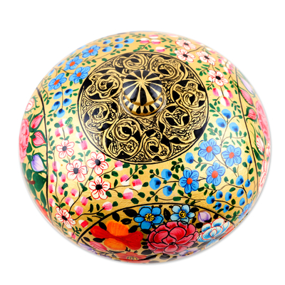 Papier mache decorative box, 'Kashmir Cache' - Round Lidded Floral Decorative Box