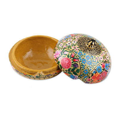 Caja decorativa de papel maché, 'Kashmir Cache' - Caja decorativa floral con tapa redonda