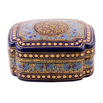 Papier mache decorative box, 'Kashmir Sapphire' - Blue and Gold Papier Mache and Wood Decorative Box