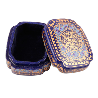 Papier mache decorative box, 'Kashmir Sapphire' - Blue and Gold Papier Mache and Wood Decorative Box