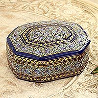 Caja decorativa de papel maché, 'Kashmir Royal' - Elegante caja de papel maché pintada a mano en azul y oro