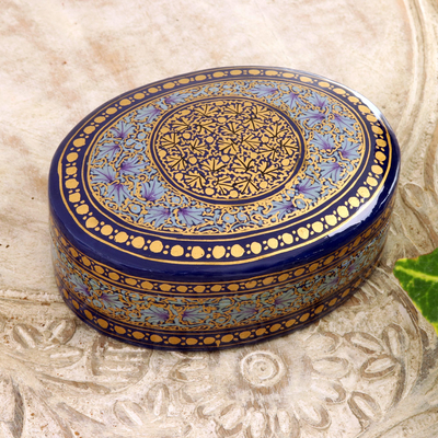 Caja decorativa de papel maché - Joyero azul y dorado forrado de terciopelo de la India