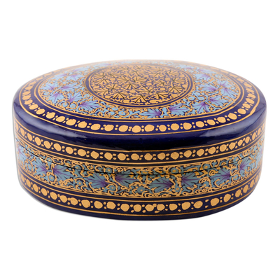Papier mache decorative box, 'Kashmir Blue' - Velvet-Lined Blue and Gold Trinket Box from India