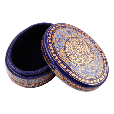 Dekorative Schachtel aus Pappmaché - Mit Samt ausgekleidete blaue und goldene Schmuckschachtel aus Indien