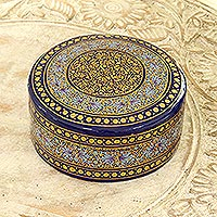 Caja decorativa de papel maché, 'Kashmir Cobalt' - Caja decorativa redonda de madera y papel maché