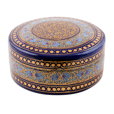 Papier mache decorative box, 'Kashmir Cobalt' - Round Wood and Papier Mache Decorative Box