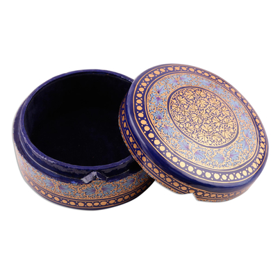 Papier mache decorative box, 'Kashmir Cobalt' - Round Wood and Papier Mache Decorative Box
