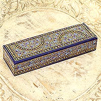 Papier mache decorative box, 'Kashmir Ultramarine' - Blue and Gold Hand Painted Wood Trinket Box from India