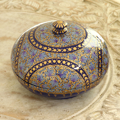 Papier mache decorative box, 'Kashmir Indigo' - Hand Painted Papier Mache Decorative Round Box