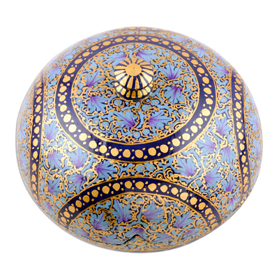 Papier mache decorative box, 'Kashmir Indigo' - Hand Painted Papier Mache Decorative Round Box