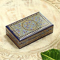 Papier mache decorative box, 'Kashmir Tradition' - Blue and Gold Velvet-Lined Decorative Box