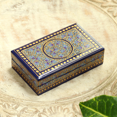 Caja decorativa de papel maché - Caja decorativa forrada en terciopelo azul y dorado