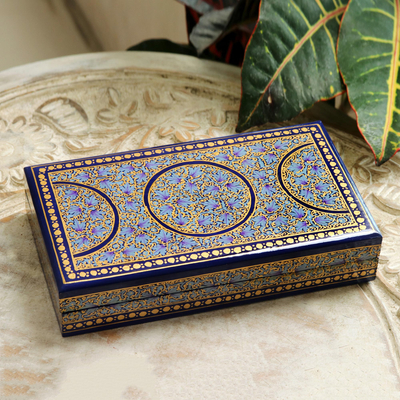 Papier mache decorative box, 'Kashmir Dynasty' - Artisan Crafted Blue and Gold Papier Mache Box