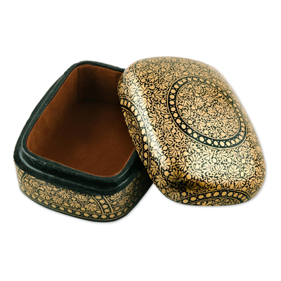 Papier mache decorative box, 'Kashmir Ebony' - Black and Gold Papier Mache Decorative Box