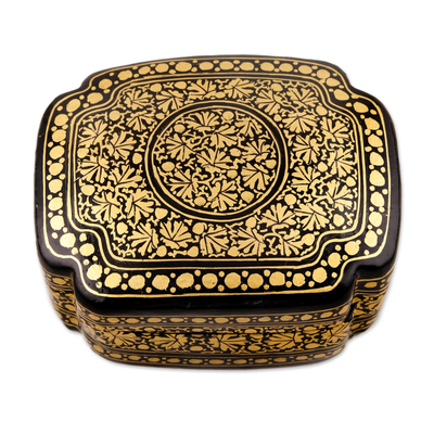 Papier mache decorative box, 'Kashmir Night' - Hand Painted Black and Gold Decorative Box