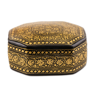 Papier mache decorative box, 'Kashmir Black' - Artisan Crafted Papier Mache Decorative Box