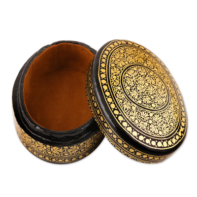 Papier mache decorative box, 'Kashmir Opulence' - Exquisite Black and Gold Decorative Box