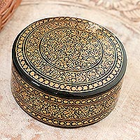 Papier mache decorative box, 'Kashmir Luxury' - Velvet-Lined Black and Gold Decorative Box
