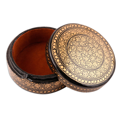 Papier mache decorative box, 'Kashmir Luxury' - Velvet-Lined Black and Gold Decorative Box