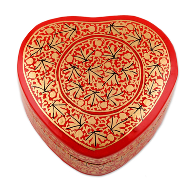 Papier mache decorative box, 'Kashmir Romance' - Chinar Leaf Motif Heart Shaped Decorative Box